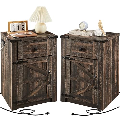 SOOWERY Nightstands Set of 2, Nightstand with Charging Station, Farmhouse End Table with Barn Door and Drawer, Rustic Wood Sofa Side Table for Bedroom, Living Room, Dark Rustic Oak