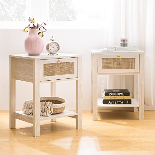 SICOTAS White Nightstand Set of 2,Rattan Decor Drawer with Brass Knobs Night Stand Wood Bedside Table Boho End Tables Side Tables with Storage Shelf