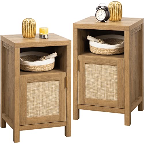 SICOTAS Tall Nightstand Set of 2 - Rattan Night Stand Farmhouse Bedside Table for Bedroom Storage - 27.5in High