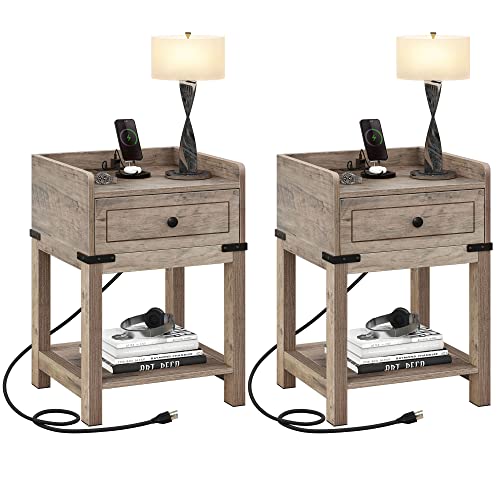 YITAHOME Farmhouse Nightstand with Charging Station, Night Stands with Drawer for Bedroom, Bedside Table with Lip for Small Space, End Side Table with USB Ports and Outlets, Set of 2, Grey