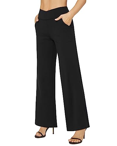 G4Free Petite Wide Leg Pants for Women Flare Dress Pants with Pockets Cross Waist Stretch Bootleg Sweatpants for Casual Work (Black,L,29")