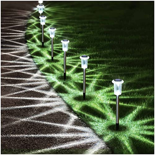 DenicMic Solar Pathway Lights Outdoor 10 Pack LED Waterproof Stainless Steel Garden Stake Lights for Path, Walkway, Driveway, Yard, Patio, Garden Decor (Cold White)