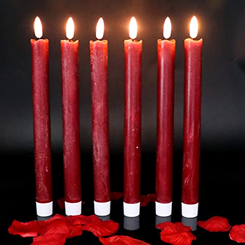 Wondise Flameless Taper Candles with Timer, 6 Pack Battery Operated LED Flickering Real Wax Burgundy Candle for Christmas Wedding Dinner Decorations