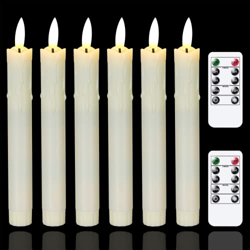 Mavandes Flameless Flickering Taper Candles Two Remote, 7.5 Inch Ivory Battery Operated LED Window Candles Timer,Set of 6 Plastic 3D-Wick Dripping-Wax Effect Flameless Candlesticks(0.86Dia,Warm Fire)