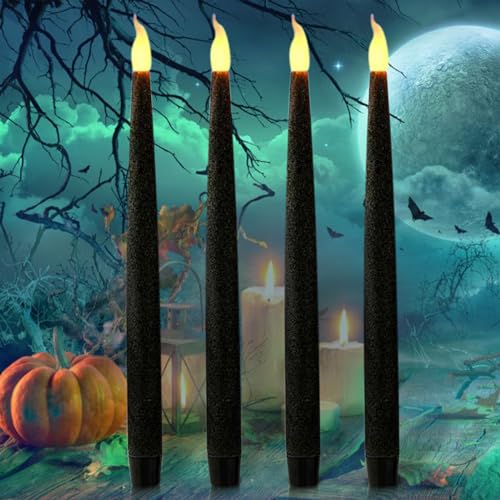 CREASHINE Flameless Black Candles Battery Operated Candles Halloween Candles Decorations 11.5" LED Flameless Taper Candles for Halloween Decor Fall Window Candles 4Pack (Batteries Included)