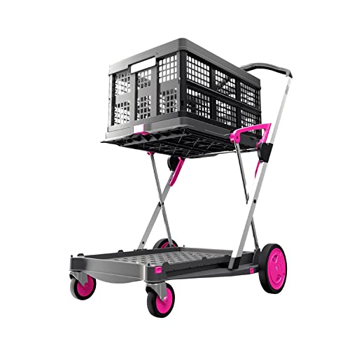 CLAX The Original | Made in Germany | Multi use Functional Collapsible Carts | Mobile Folding Trolley | Shopping Cart with Storage Crate (Pink)