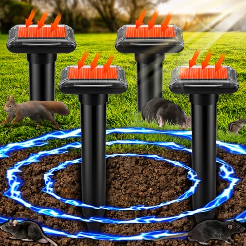 Mole Repellent Solar Powered Gopher Repellent Repels Snake Ultrasonic Outdoor Waterproof Vibration Stakes Groundhog Vole Deterrent for Lawn Yard 4 Pack