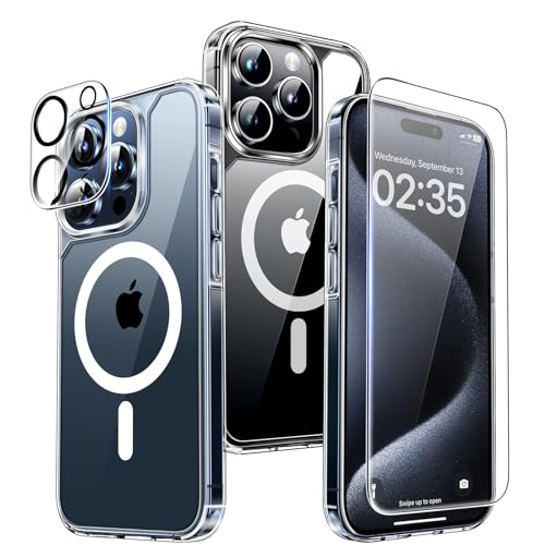 TAURI 5 in 1 Magnetic Case for iPhone 15 Pro [Military Grade Drop Protection] with 2X Screen Protector + 2X Camera Lens Protector, Transparent Slim Fit for iPhone 15 Pro Case Mag-Safe-Clear