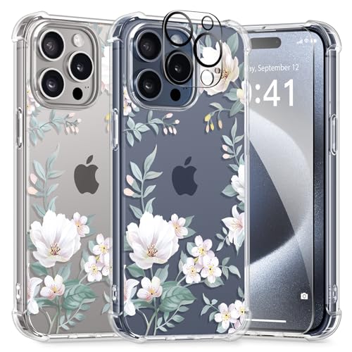 GVIEWIN for iPhone 15 Pro Case, with 2X Screen Protectors + 2X Camera Lens Protectors, [Not Yellowing] Clear Floral Slim Shockproof Protective Women Phone Case for iPhone 15 Pro 6.1"(Magnolia/White)