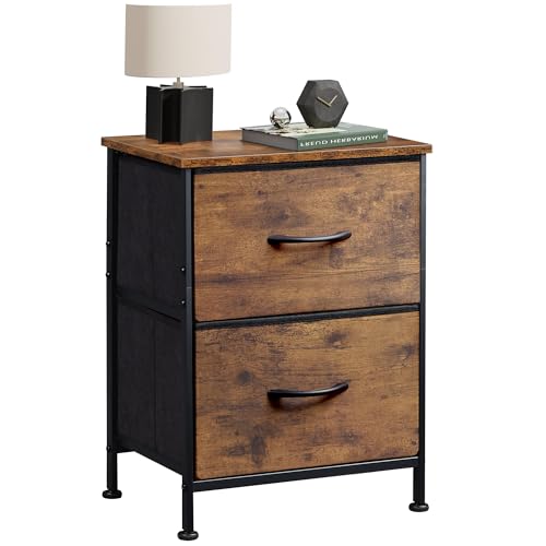 WLIVE Nightstand, 2 Drawer Dresser for Bedroom, Small Dresser with 2 Drawers, Bedside Furniture, Night Stand, End Table with Fabric Bins for Bedroom, Closet, Dorm, Rustic Brown Wood Grain Print