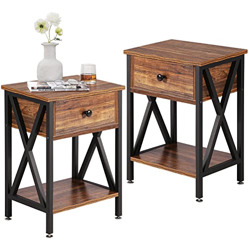 VECELO Modern Versatile Nightstands X-Design Side End Table Night Stand Storage Shelf with Bin Drawer for Living Room Bedroom, Set of 2 (Brown)