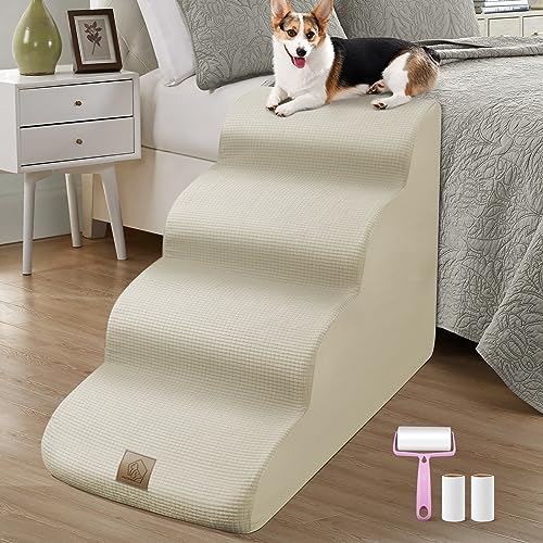 MESTUEL 4-Tiers 20in Dog Stairs Beige, Wide Large Pet Stairs Ramps, Dog Ladder Steps for Indoor High Bed Sofa, Non-Slip Up to 60 lbs, Help Older Injured Pets-1 Lint Roller with 2 Refills
