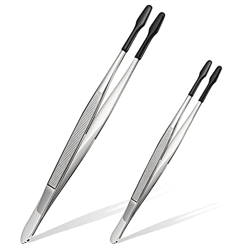 2 Pieces Tweezers Straight Flat Rubber Coated Tweezers PVC Non Marring Long and Short Silicone Tipped Tweezer Stainless Steel Tweezers Set Jewelry Hobby Crafts Forceps Tools, 4.72, 5.91 Inch (Black)