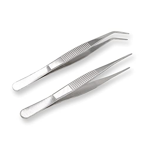 VictorsHome 5 Inch Stainless Steel Tweezers with Straight and Curved Serrated Tip Multipurpose Forceps for Craft Repairing 2 Pack