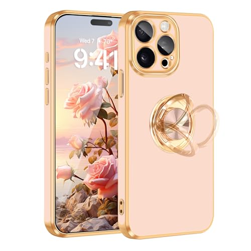 Fingic iPhone 15 Pro Phone Case[with 360 Ring Holder][Support Magnetic Car Mount] Cute Kickstand Slim for Women Girly Nonslip Soft TPU Rugged Bumper Protective Phone Case for iPhone 15 Pro,Rose Gold