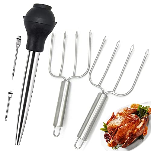 KAYCROWN Thanksgiving Roasting Kit - Stainless Steel Turkey Baster and Turkey & Roast Lifters, Silicone Turkey Baster with 2 Marinade Needles & Stainless Steel Turkey Forks Set