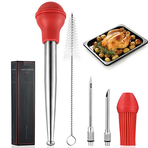 Stainless Steel Turkey Baster for Cooking, Food Grade Turkey Baster Syringe Oil Dropper Meat Injector Set with Silicone Bristling Brush, 2 Needles, Cleaning Brush for Chicken, Beef, Pork, BBQ, Red