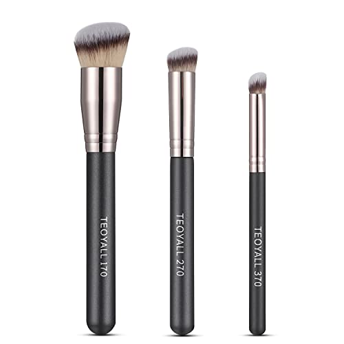 TEOYALL Kabuki Brush Set, 3 Size Angled Foundation Brush Under Eye Concealer Brush Contour Brush with Dense Synthetic Bristle (170/270/370)