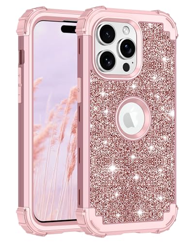 LONTECT for iPhone 15 Pro Max Case Glitter Sparkly Bling 3 in 1 Shockproof Heavy Duty Hybrid Sturdy High Impact Protective Cover Case for Apple iPhone 15 Pro Max,Shiny Rose Gold