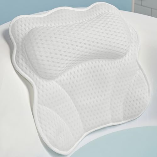 WONDERfoam Thick Padded Ergonomic Bath Pillow for Tub, Support for Head Neck and Back, Slip-Resistant, Machine Washable Breathable Quick Dry Mesh Bathtub Headrest Pillows, Spa Rest Accessories, White