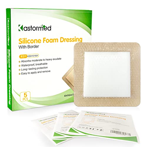 Silicone Foam Dressing, Waterproof Wound Dressing with Gentle Adhesive Border, 5 Layer High Absorbency Foam Bandages for Wound Care, Sterile Self-Adhesive Patches, 6'' x 6'', 5 Pack