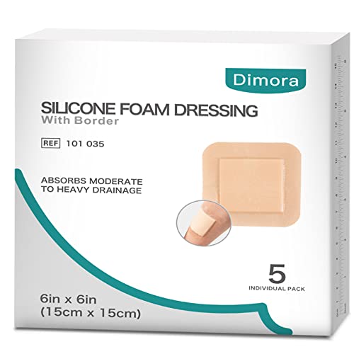 Dimora Silicone Foam Dressing with Border Adhesive 6"x6" Waterproof Wound Dressing Bandage for Wound Care 5 Pack