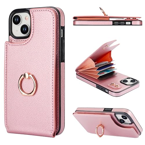 Folosu Compatible with iPhone 15 Plus Case Wallet with Card Holder, 360Rotation Finger Ring Holder Kickstand, RFID Blocking Leather Protective Double Buttons Shockproof Cover 6.7 Inch Rose Gold
