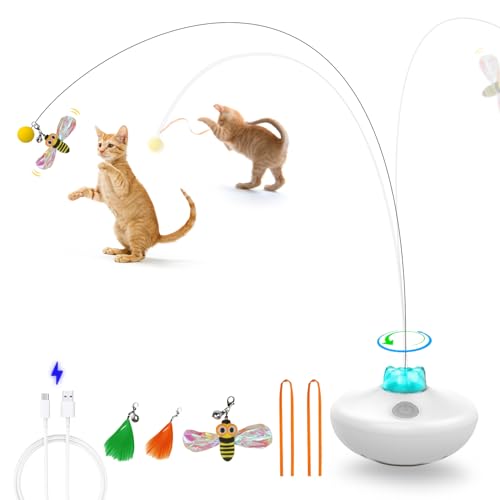 Oxawo Interactive Cat Toys Cat Exercise Tumbler, Rechargeable Cat Toys for Indoor Cats Spin Butterfly Game Teasing Kitty, Extra Long Feather Wand