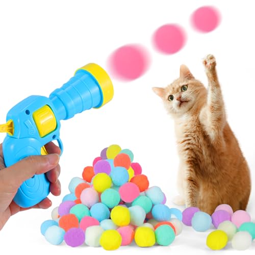 Splarwbk 1 Cat Ball Launcher + 80Pcs 1.2Cat Toy Balls(New Upgraded),Silent Plush Elastic Cat Ball Toy,Interactive Cat Toys for Indoor Cats Kitten Toys,Plush Ball Shoot Gun for Kitty
