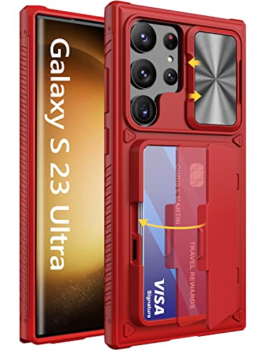 Vihibii for Samsung Galaxy S23 Ultra Case with Slide Camera Protection Cover, Built-in Card Holder (4 Cards) & Kickstand, Shockproof Rugged Wallet Phone Case for Galaxy S23 Ultra 5G 6.8" 2023, Red