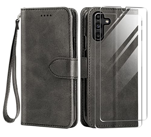 for Samsung Galaxy A14 5G Case and Tempered Glass Screen Protector, PU Leather Flip Cover Wallet Phone Case Protector [Full Protection] [Card Slots] [Kickstand] for Samsung Galaxy A14 4G, Black