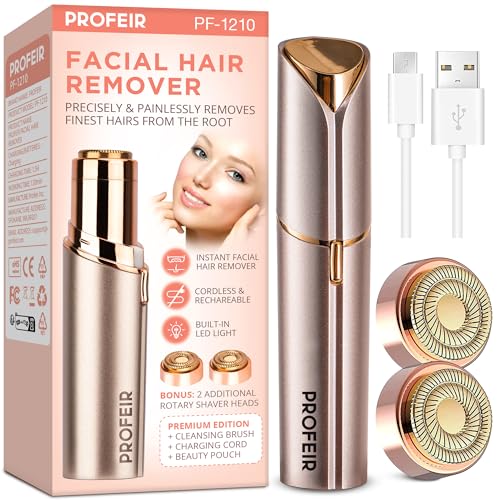 Profeir Facial Hair Removal for Women, Hair Removal Device, Facial Hair Remover for Women Face, Finishing Touch for Upper Lips, Chin & Cheeks, USB Rechargeable Included Two Replacement Heads