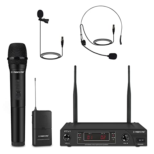 Phenyx Pro Wireless Microphone System, VHF Wireless Mic Set with Handheld Microphone/Bodypack/Headset/Lapel Mics, Stable Signal, Cordless Mic for Singing, Karaoke, Church, DJ (PTV-1B)