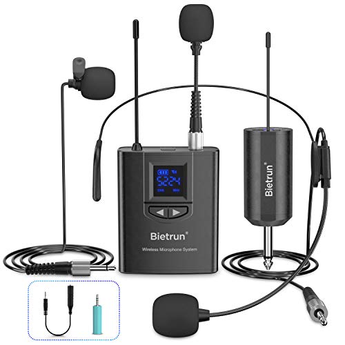 Wireless Microphone System/Lavalier Lapel Mic/Headset Mic/Stand Mic, UHF 165feet, Rechargeable Transmitter and Receiver, 1/4" Output, for iPhone, DSLR Camera, AMP, PA Speaker, Laptop, Video Recording