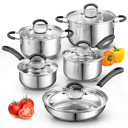 Cook N Home Stainless Steel Cookware Sets 10-Piece, Pots and Pans Kitchen Cooking Set with Stay-Cool Handles, Dishwasher Safe, Silver