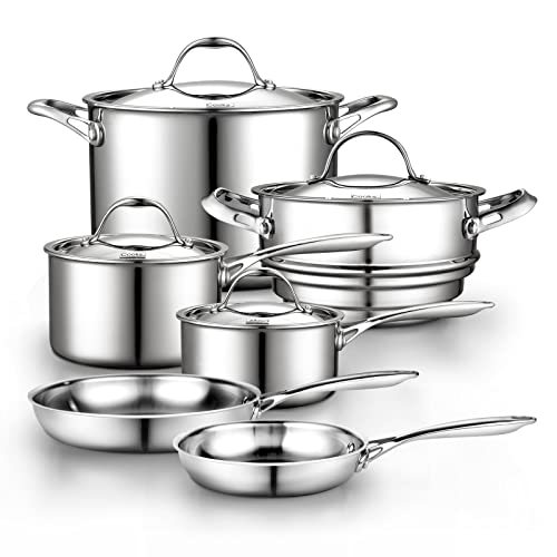 Cooks Standard Stainless Steel Kitchen Cookware Sets 10-Piece, Multi-Ply Full Clad Pots and Pans Cooking Set with Stay-Cool Handles, Dishwasher Safe, Oven Safe 500F, Silver