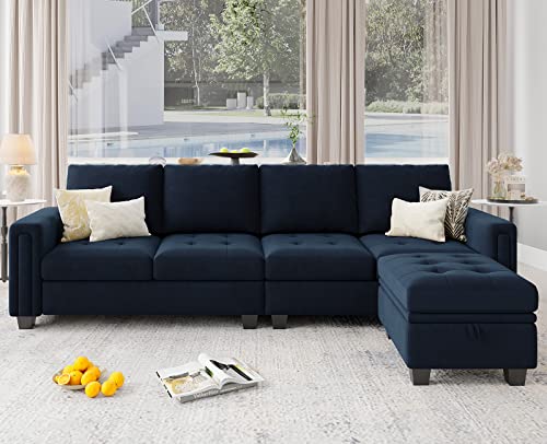 Belffin Velvet Reversible Sectional Sofa with Chasie Convertible Sectional Couch with Storage Ottoman L Shaped 4-seat Sectional Sofa Couch Blue