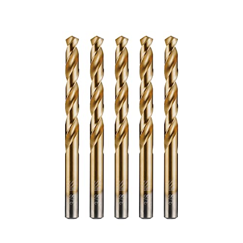 amoolo 3/8 Twist Drill Bits, 5pcs HSS Titanium Coated Jobber Drill Bits , prefect for Wood, Soft Metal,Plastic,Aluminum Alloy