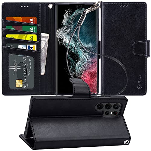 Arae Case for Samsung Galaxy S22 Ultra 5G PU Leather Wallet Case Cover [Stand Feature] with Wrist Strap and [4-Slots] ID&Credit Cards Pocket (S22 Ultra-6.8 inch, Black)