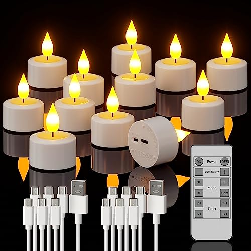 PChero Rechargeable Tea Lights with Remote Timer, 12 Packs Flickering Flameless LED Tealights Candles with 2 USB Charging Cables & Remote for Wedding Xmas Halloween Home Decor