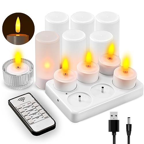 xyseamf Rechargeable Candles Flameless Flickering LED Tea Lights with Remote & Timer and White Base for Home, Restaurants,Wedding,Bar,Dinner,Christmas Decor