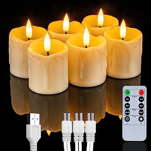 Homemory Rechargeable Flameless Candles with Timer Remote, 2" x 2" Realistic Battery Operated LED Votive Tea Lights, 6Pack Electric Fake Candle in Warm White (USB Charging Cable Included)