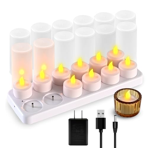 xyseamf 12 PCS/Set Rechargeable Candles Flameless Flickering LED Tea Lights with White Base and AC Adapter for Home, Restaurants, Wedding,Christmas Decor (No Remote Control)