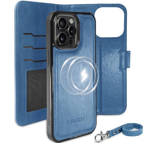 CAVOKAS iPhone 15 Pro Max Wallet Case with Card Holder, Detachable Strong Magnetic Leather Flip Case, Compatible with MagSafe Wireless Charging, Kickstand Shockproof Cover 6.7 Inch, Blue