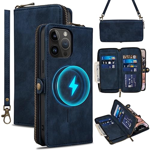 Rssviss Wallet Case for iPhone 15 Pro Max Crossbody with Card Holder Wrist Strap, Flip Zipper Case Compatible with Magsafe, RFID Blocking Purse Cover for iPhone 15 Pro Max Women Men 6.7 inch Darkblue