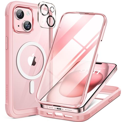 Miracase Magnetic for iPhone 15 Plus Case 6.7'' [Compatible with Magsafe] Full-Body Military Drop Proof 15 Plus Phone Case Cover with Built-in 9H Tempered Glass Screen Protector,Clear Pink