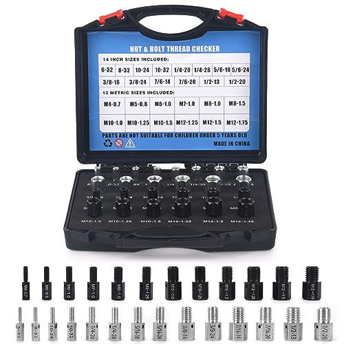 Nut and Bolt Thread Checker - 26PCS(14 Inch & 12 Metric) Individually Assembled Bolts Sizing Gauges, Compact Thread Gauge Box Practical Identifier Thread Gauges Set for Free Detecting