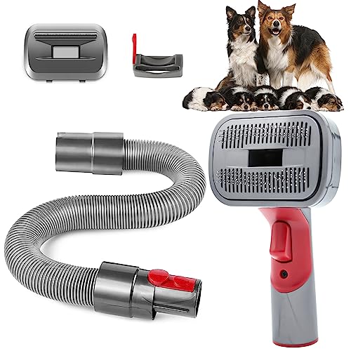 Pet Vacuum Attachment, 4PCs Grooming Tool with Extended Vacuum Hose & Trigger Lock, Compatible with Dyson V15 V12 V11 V10 V8 V7 Vacuum Cleaners for Medium Large Pets