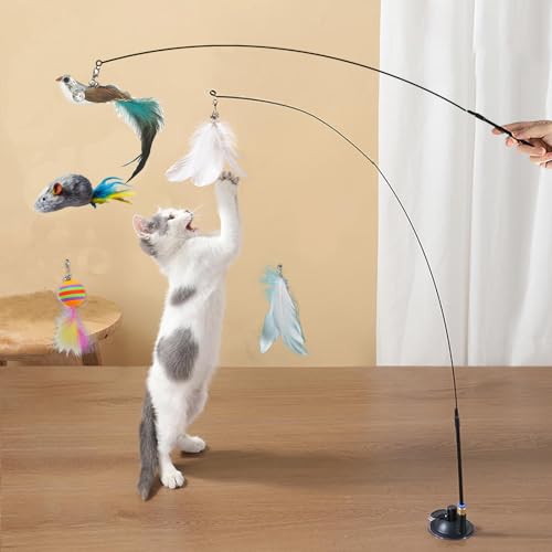 Cat Feather Toys Automatic Interactive Cat Toys Natural Bird Feather Ball Toys Suction Cup Pet Chase Movement Playing Toy Exercise cat Toys 7 Pcs Cat Toy Set for Indoor Bored Cats Gifts