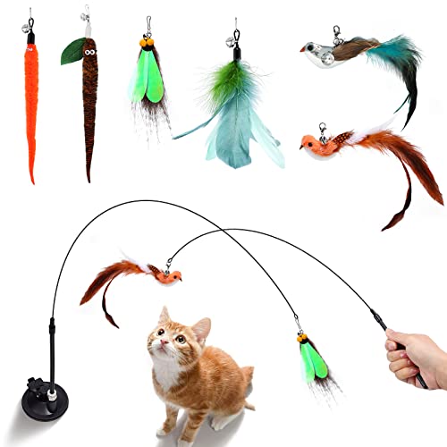 Cat Feather Toys, Interactive Cat Wand Toys with Super Suction Cup, Detachable 6 PCS Feather Refills Tail Bird Feathers with Bell, Cat Teaser Wand for Indoor Cats Kitten Play Chase Exercise (Set 1)